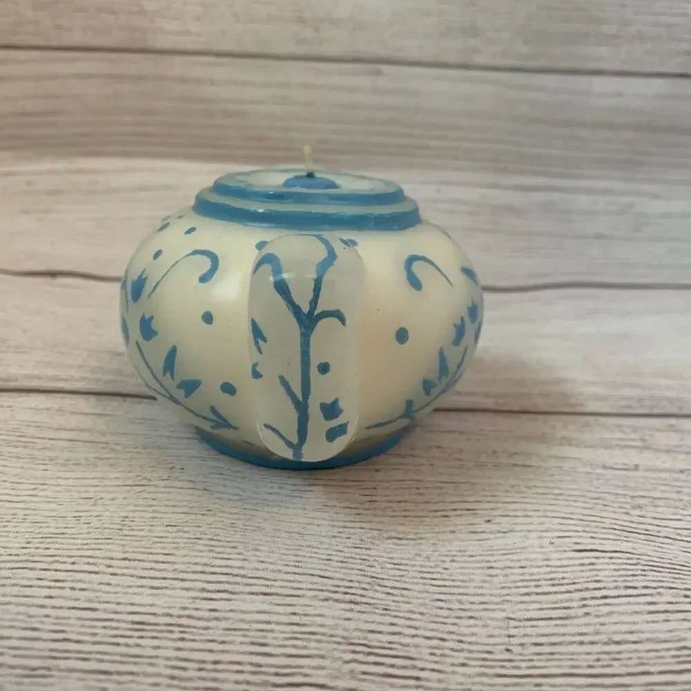 Teapot Shaped Candle White with Blue Floral Design Unlit 2 1/2